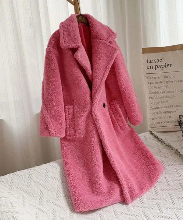 Lapel Lamb Fleece Coat With Pockets Faux Fur Coat Winter Warm Thickening Long Windbreaker Women's Clothing - Red