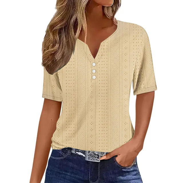 Loose V neck Jacquard Hollow out Short sleeved T shirt Light Yellow - Shop at LoveMi