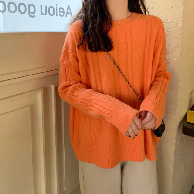 Knitted Cable knit Pullover Sweater Women's Tops Winter Loose And Idle Women's Orange - Shop at LoveMi
