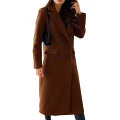 Simple Double Breasted Long Sleeve Lapel Button Woolen Coat - Brown - View 1