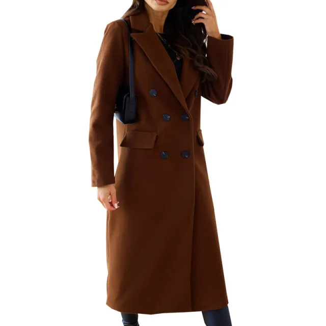 Simple Double Breasted Long Sleeve Lapel Button Woolen Coat Dark Brown - Shop at LoveMi