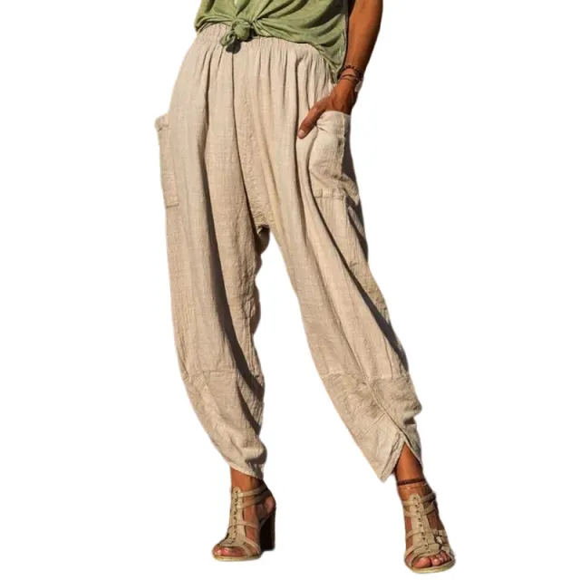 Women's Casual Bloomers Loose Cotton And Linen Trousers Apricot - Shop at LoveMi