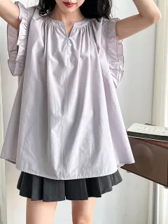 Casual Lace Ruffle Sleeve Shirt Top V-neck Buttons Pleated - Light Purple - View 1