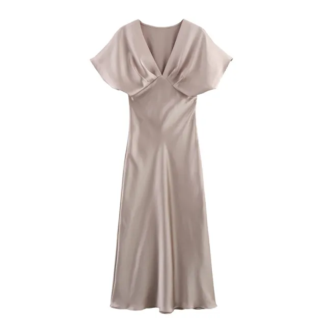 High Waist Short Sleeve Slim Fit Temperament Long Dress Champagne - Shop at LoveMi