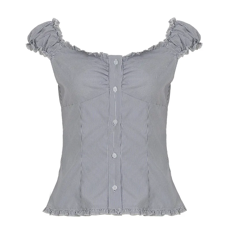 Sweet Slim Fit U-shaped French Wooden Ear Lace-collared Blouse - Blue