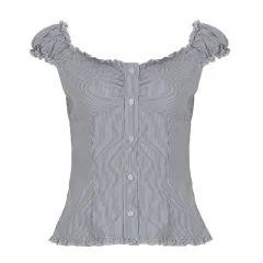 Sweet Slim Fit U-shaped French Wooden Ear Lace-collared Blouse - Blue - View 1
