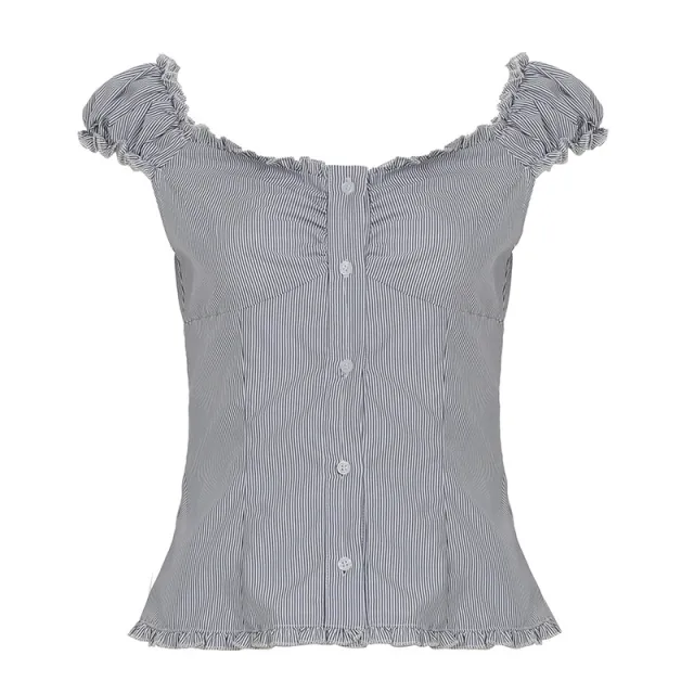 Sweet Slim Fit U shaped French Wooden Ear Lace collared Blouse Blue - Shop at LoveMi
