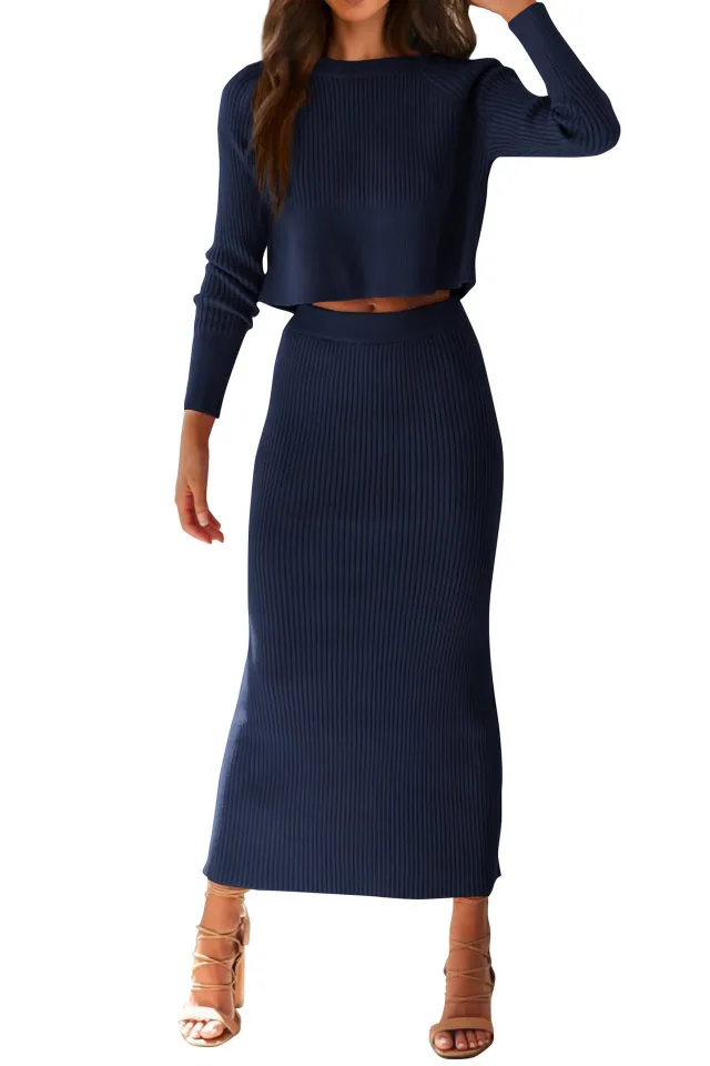Bedford Cord Sweater Long Sleeve Narrow Tight Skirt Suit Dark Blue - Shop at LoveMi