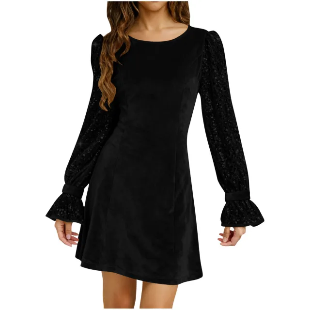 Solid Color Crew Neck Gold Velvet Sequin Long Sleeve Dress Black - Shop at LoveMi