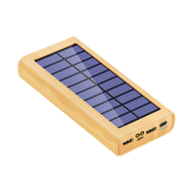 Solar-powered Wood-grain Power Bank Outdoor Portable Charger With LED Light 2