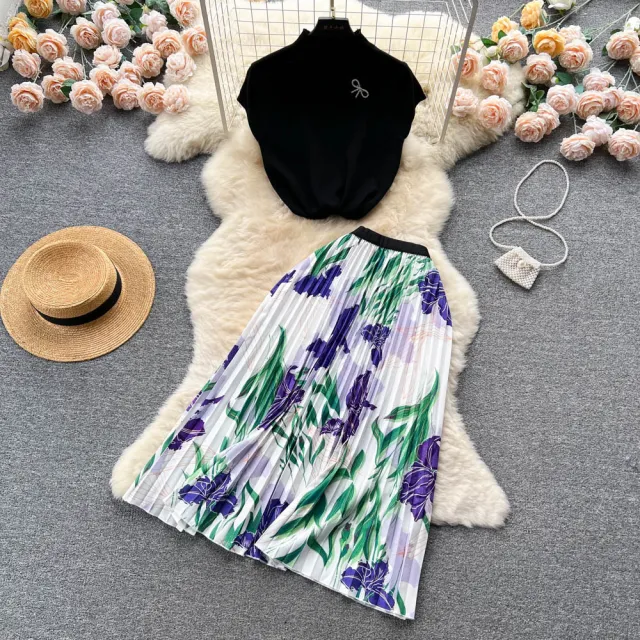 Women's Summer High end Design Sense Niche Sleeveless Shirt Top Pleated Dress Two piece Set Pattern 6 - Shop at LoveMi