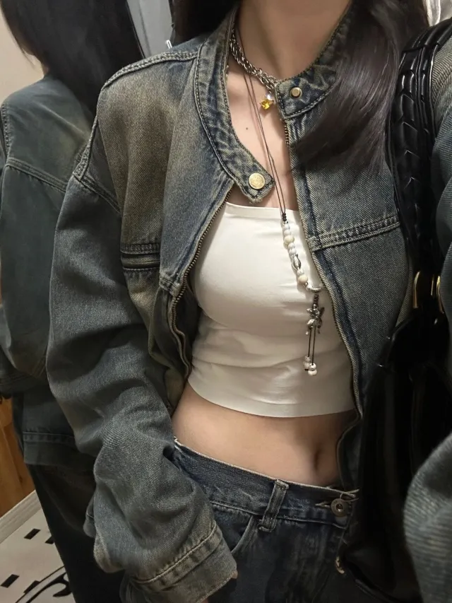 Womens Vintage Washed Distressed Denim Jacket Gray - Shop at LoveMi