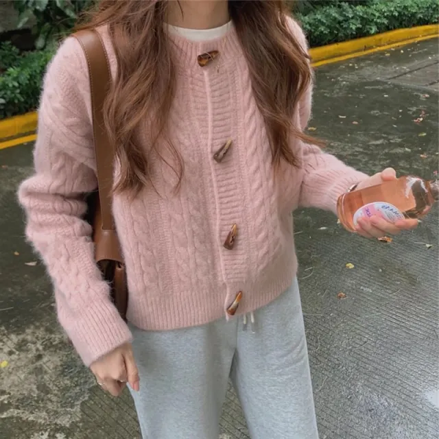 Womens Japanese style Bell shaped Button Short Ribbed Knit Sweater Pink - Shop at LoveMi