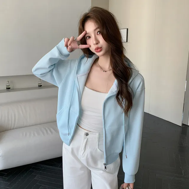 Hooded Zipper Short Sweater Coat For Women Spring And Autumn Blue - Shop at LoveMi