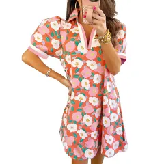 Female Leisure Floral Print Short Sleeve Dress - Flower - View 1