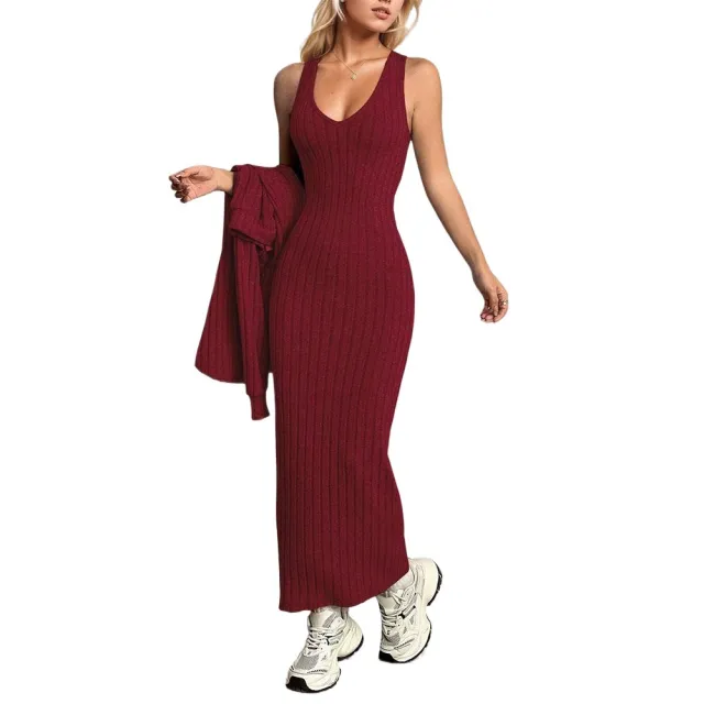 Elegant Commuter style Light Mature Knitted Slip Dress Two piece Set Wine Red - Shop at LoveMi