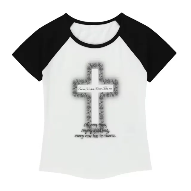 Cross printed Color block Crew neck T shirt With Short Sleeves Black - Shop at LoveMi