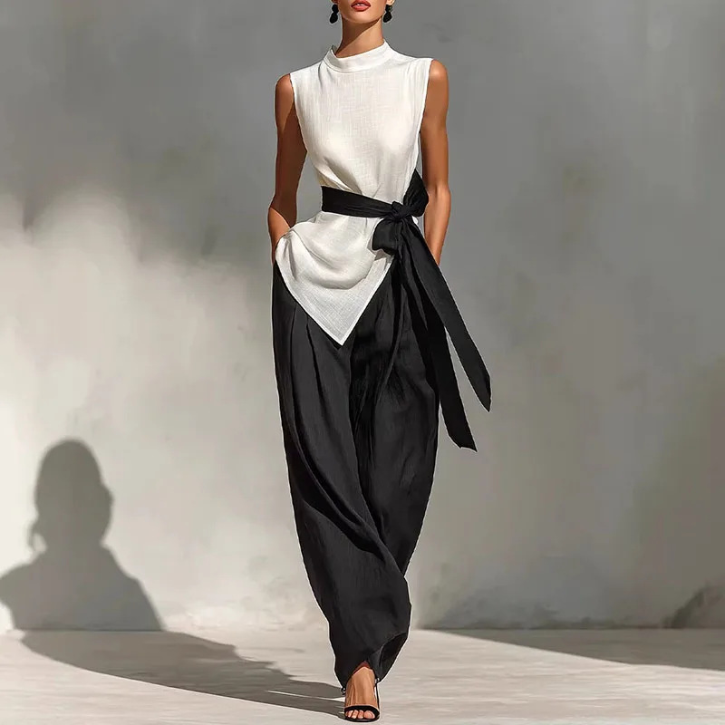 Womens Lace-Up Sleeveless Top And Wide-Leg Pants Two-Piece Set