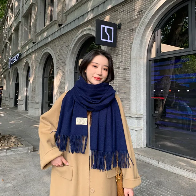 250g Solid Color Artificial Cashmere Scarf Thickened Warm Tassel Monochrome Shawl 24 Navy Blue - Shop at LoveMi