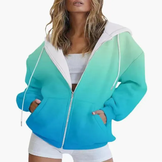 Gradient 3D Digital Printing Casual Long sleeved Zipper Hooded Sweatshirt Sweater For Women Blue - Shop at LoveMi