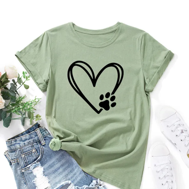 Women's Loose Round Neck Short Sleeve T shirt With Heart shaped Palm Print Olive Green - Shop at LoveMi