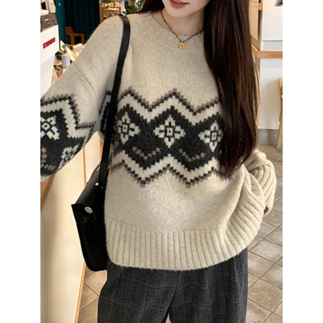 Retro Crew Neck Soft Glutinous Sweater For Women Apricot - Shop at LoveMi