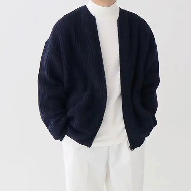 Men Zip Up Knitted Cardigan Lined Funnel Neck Jumper Sweater Pockets Coat All