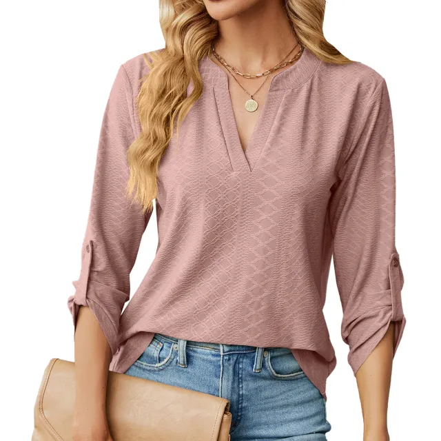 Women's V neck Buttons Solid Color Long Sleeve Loose fitting T shirt Top Leather Pink - Shop at LoveMi