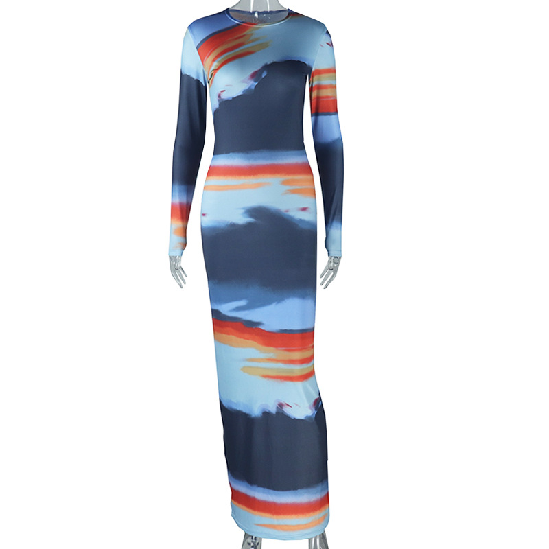 Printed Slim fit Round neck Long sleeve Bodycon Dress For Women Color - Shop at LoveMi