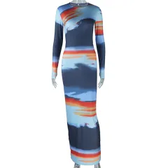 Printed Slim-fit Round-neck Long-sleeve Bodycon Dress For Women - Colour - View 1