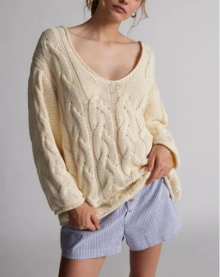 Loose V neck Twist Knitted Pullover Sweater Women Apricot - Shop at LoveMi