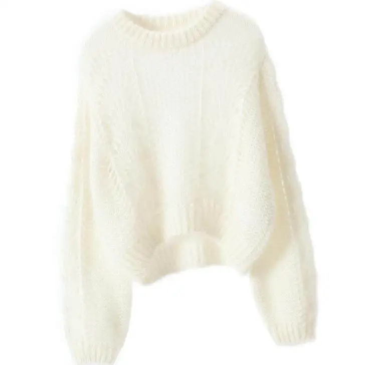 Women's Hollow-out Thick Needle Long-sleeved Sweater - White