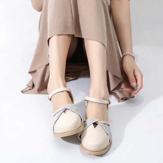 Women's Summer Chunky Heel Bow Round Head Ankle strap Buckle Sandals Apricot - Shop at LoveMi