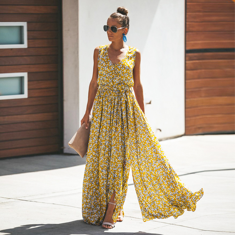 Printed Sleeveless Bohemian Dress Yellow - Shop at LoveMi