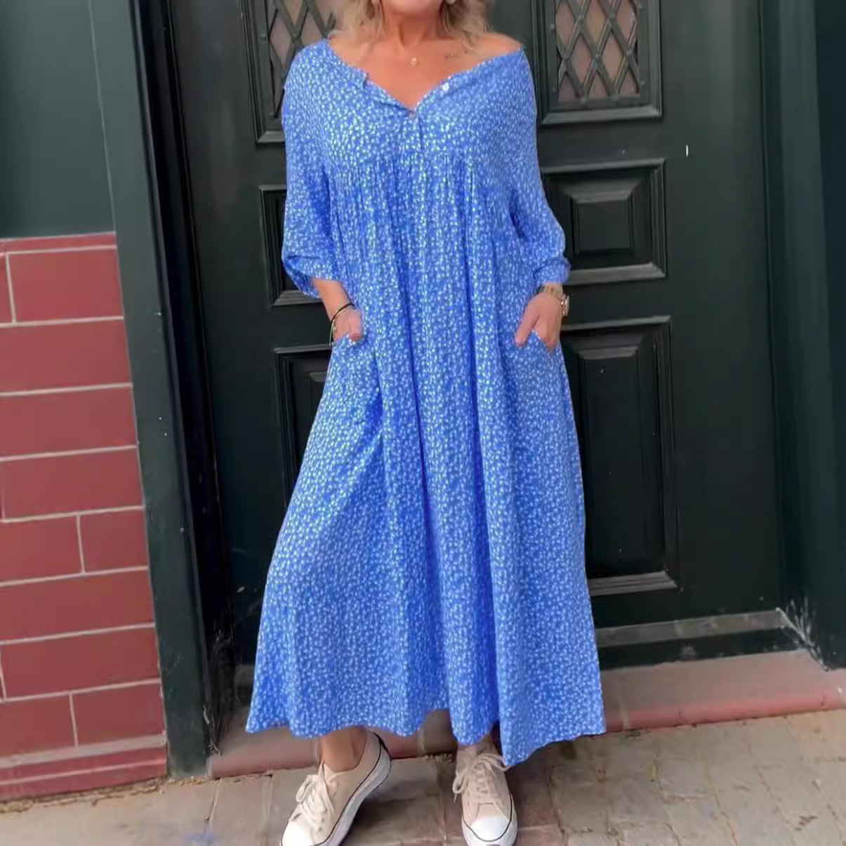 Casual Button Floral Print Long Sleeve Dress