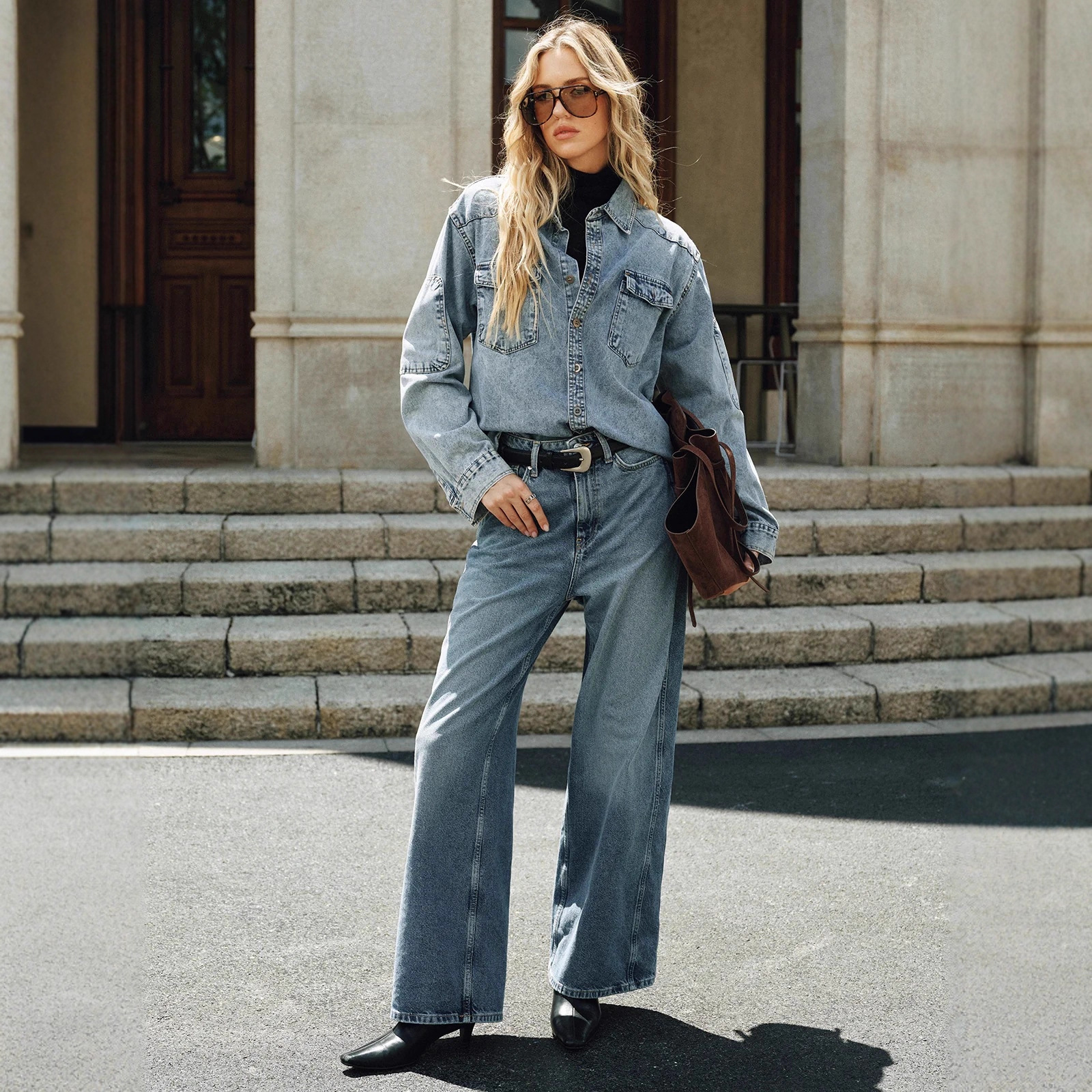 Womens Light Blue Washed Denim Jacket And Pants Set