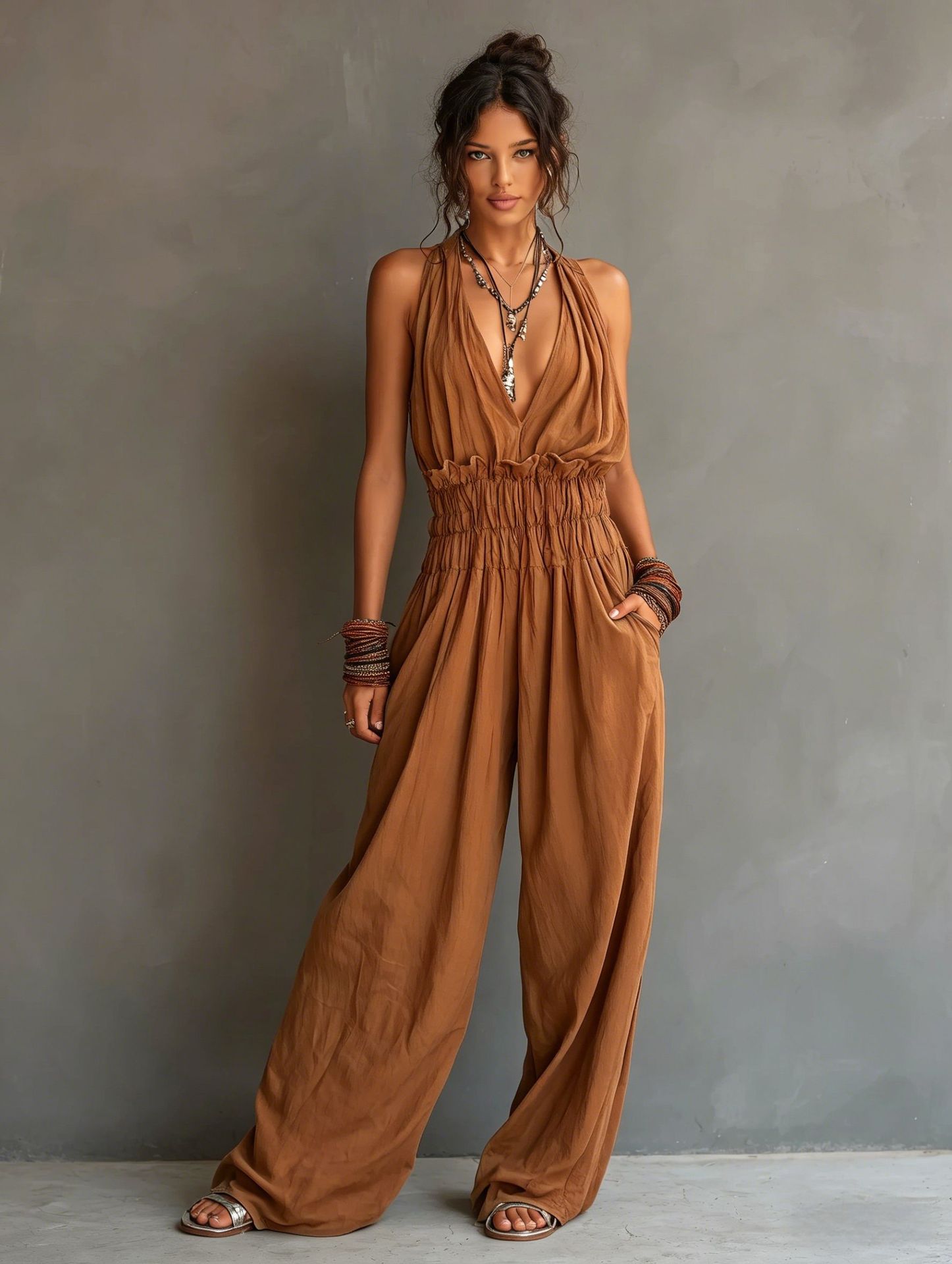 Women's halter jumpsuit in matcha green – full length front view