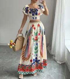 Printed Casual Vacation Bohemian Short-sleeved Top And Long Skirt Ladies Set - Color - View 1