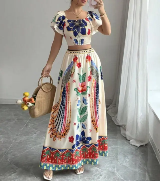 Printed Casual Vacation Bohemian Short sleeved Top And Long Skirt Ladies Set Color - Shop at LoveMi