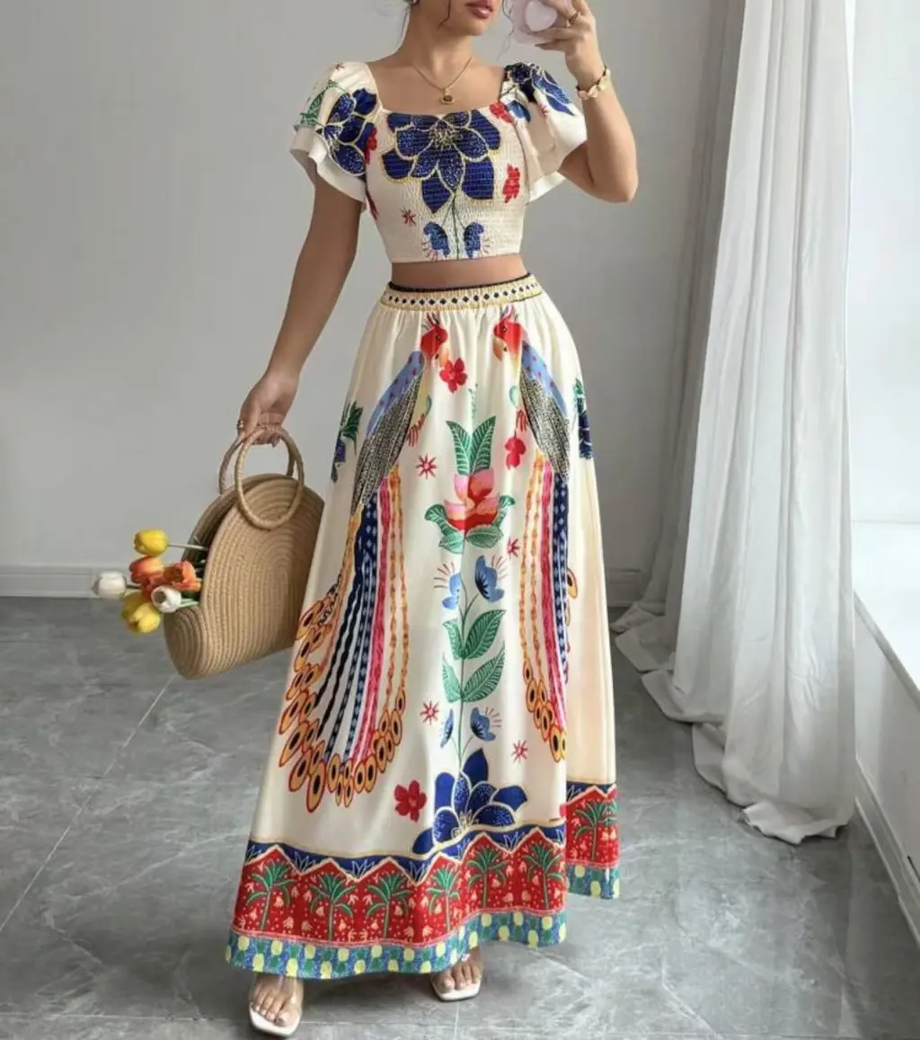 Printed Casual Vacation Bohemian Short-sleeved Top And Long Skirt Ladies Set - Color