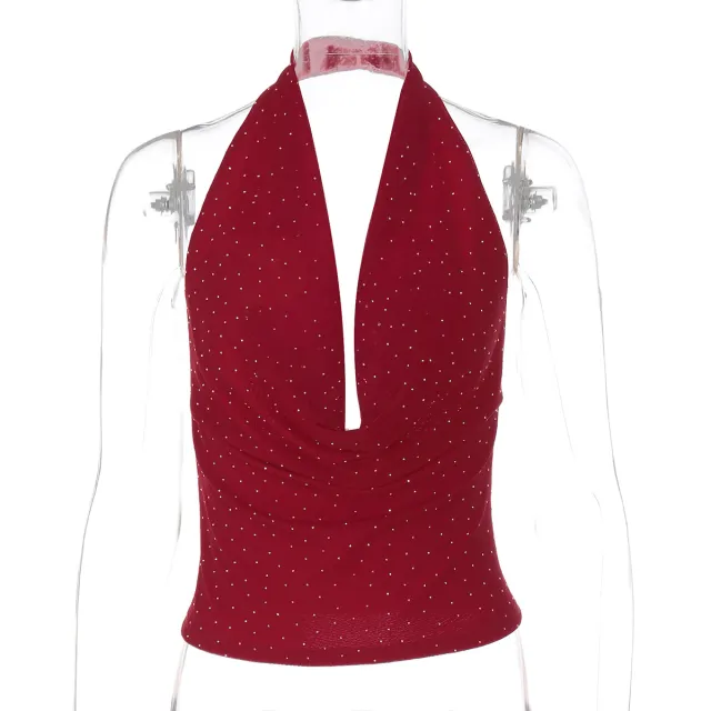 Fashion Deep V Hot Drilling Backless Halter Slim Fit Tube Top Short Vest Red - Shop at LoveMi