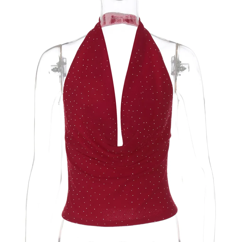 Fashion Deep V Hot Drilling Backless Halter Slim Fit Tube Top Short Vest - Red