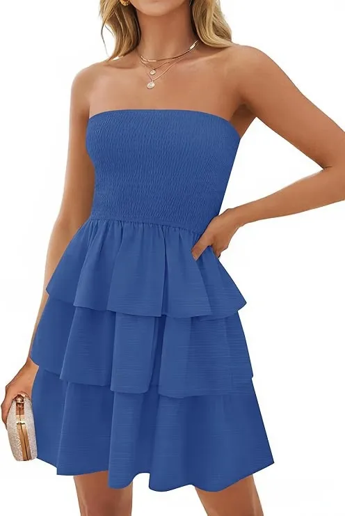 Women's Summer Pleated Tube Top Dress Off the shoulder Dress Blue - Shop at LoveMi