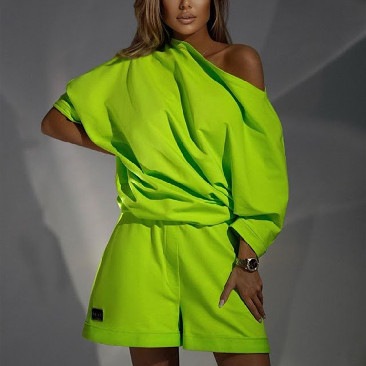 Women's Fashion Sweater Pants Suit Off neck Off shoulder Loose Two piece Set Green - Shop at LoveMi