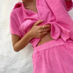 Women's Solid-Colored Single-Breasted Loose-Fitting Fashionable Casual Homewear Set - Rose Red - View 1