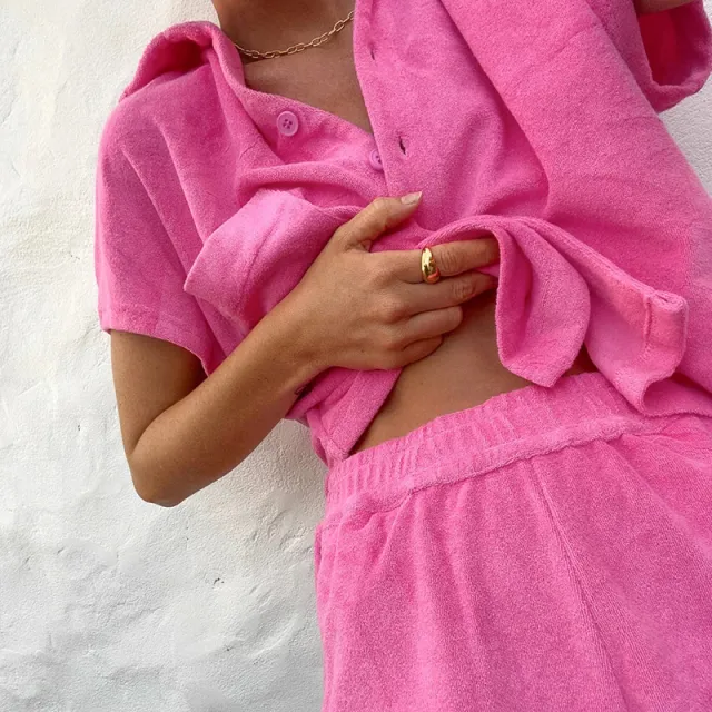 Women's Solid Colored Single Breasted Loose Fitting Fashionable Casual Homewear Set Rose Red - Shop at LoveMi