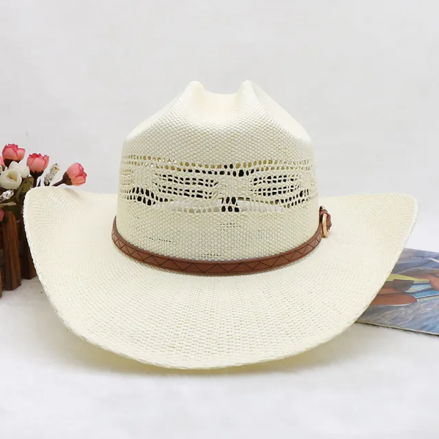 Waterproof Woven Hand woven Western Knight Cowboy Hat Beach Sun proof Outdoor Ivory White - Shop at LoveMi