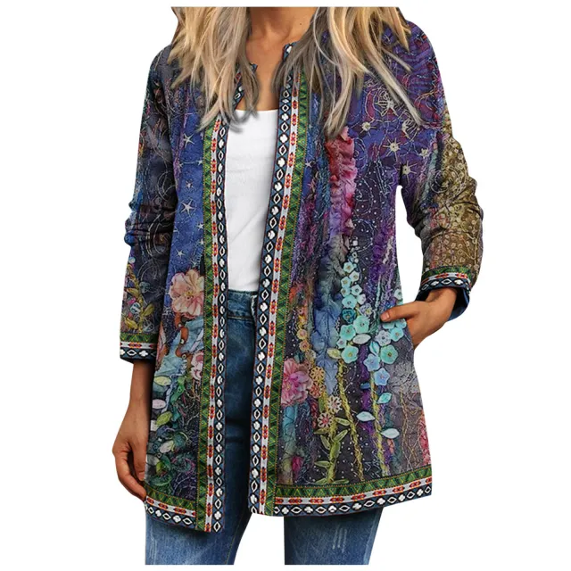 Women's Printed Long sleeved Coat Cardigan Purple Flowers - Shop at LoveMi