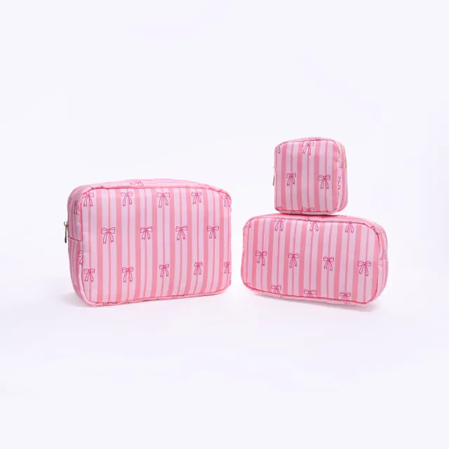 Printed Nylon Cosmetic Bag Travel Portable Storage Pink Stripes - Shop at LoveMi