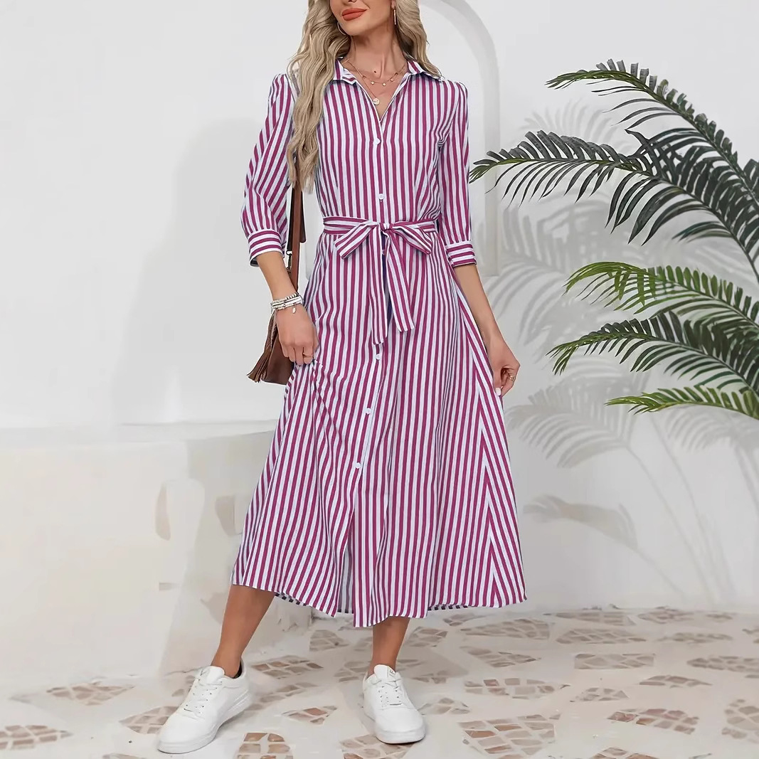 Womens Fashion Striped Cardigan Lapel Shirt Dress